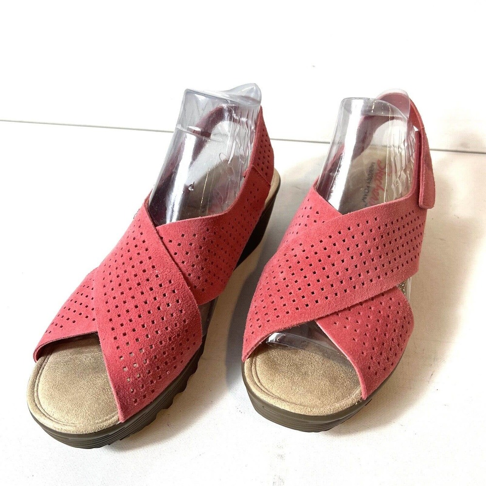 SKECHERS Memory Foam Platform Sandals Womens Sz 8 Sling Back Cross Leather Coral